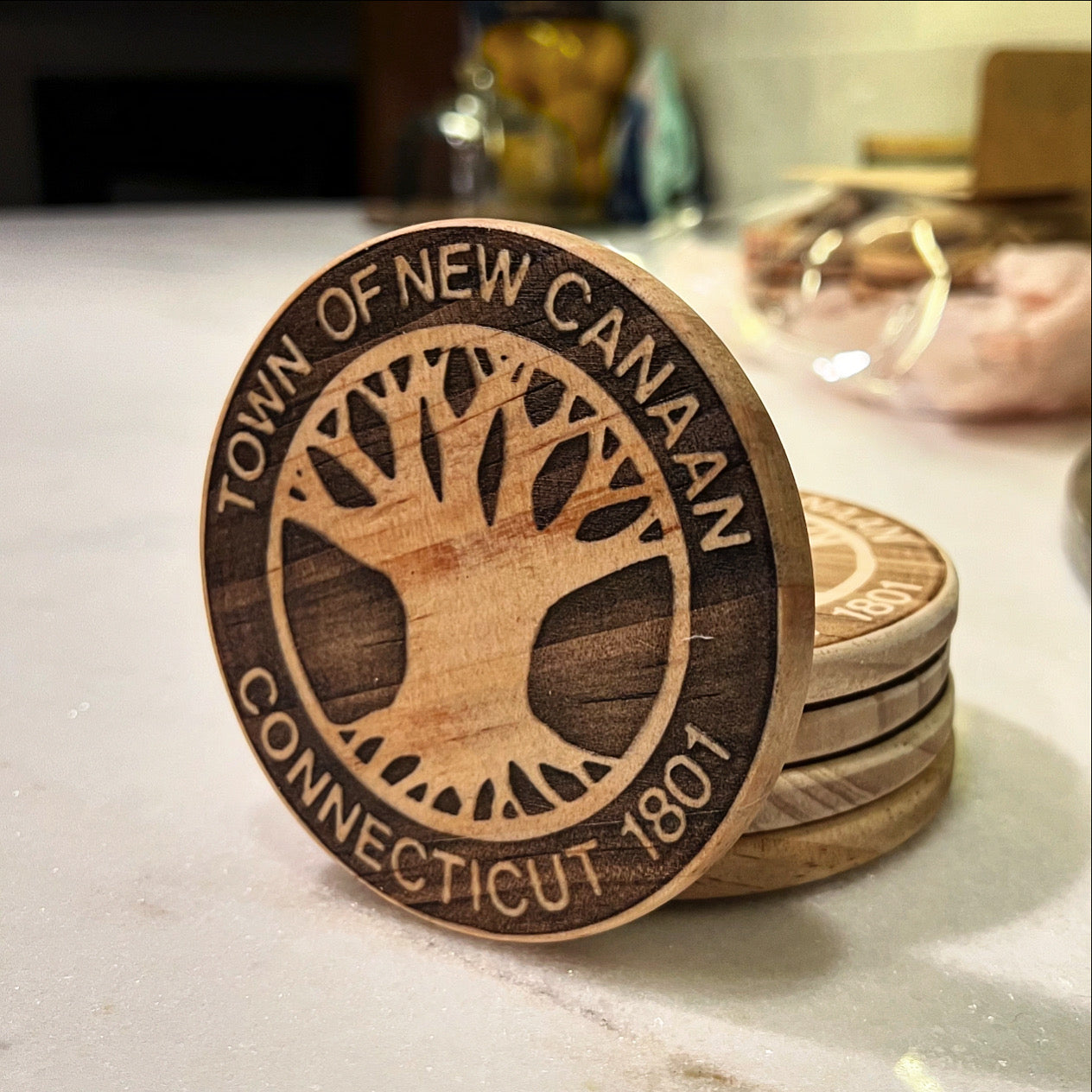 New Canaan CT Handcrafted Wooden Coaster Set